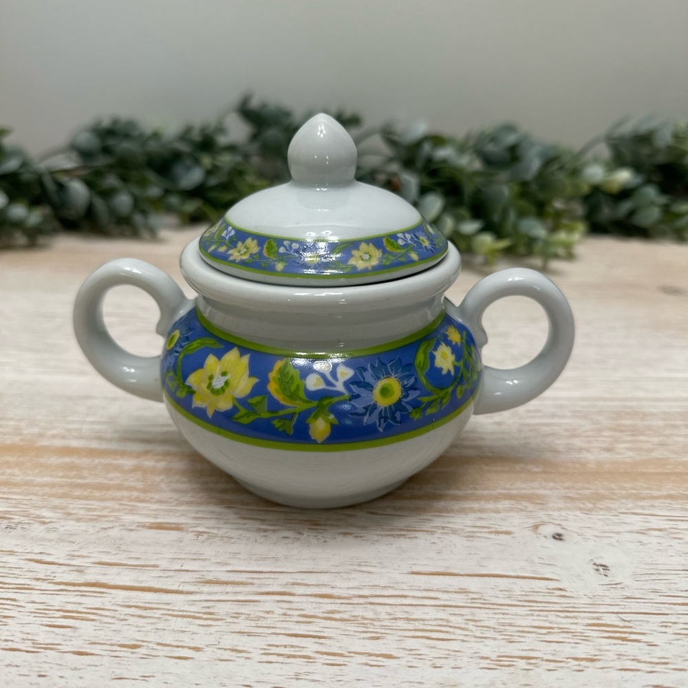 April Cornell White Sugar Bowl with Blue and Green Floral Design